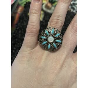 BARSE Signed Sterling Silver Turquoise & Mother Pearl Flower Cluster Ring Scroll
